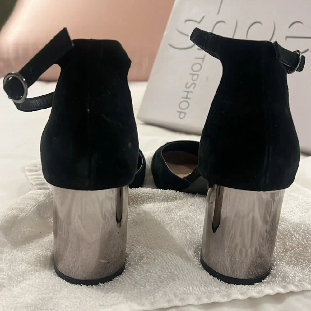 Topshop posh mod Maryjane’s black suede with gunmetal silver round heel, comfy - Picture 4 of 6